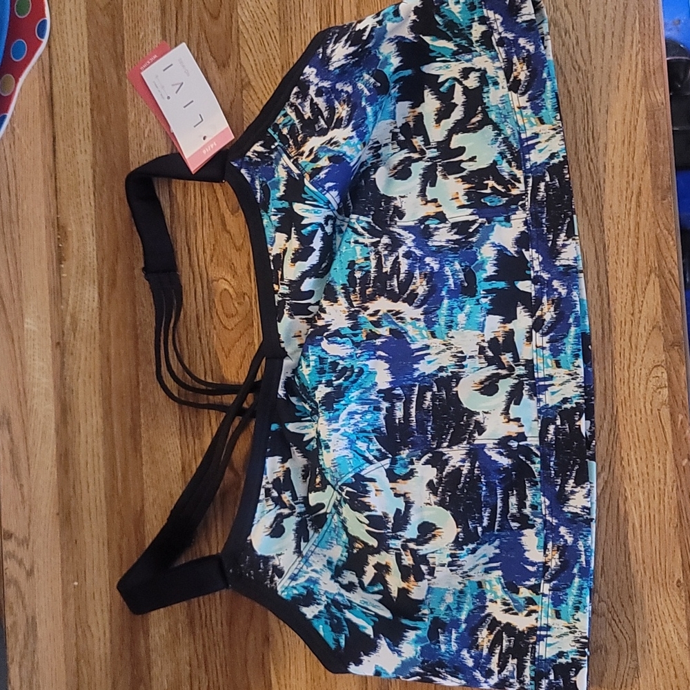 LIVI ACTIVE NO-WIRE WICKING STRAPPY BACK SPORTS BRA:BLUE TROPICAL: NWT: 14/16